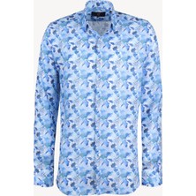 Erkek Mavi Slim Fit Keten Desenli Gömlek
