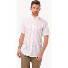 Erkek Beyaz Kısa Kol Çizgili Slim Fit Gömlek