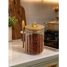 Kaşıklı Çizgili Cam Baharat Kavanozu 600 ml - Gold Halka Kulplu Bambu Kapaklı Saklama Kabı Dh 57-59
