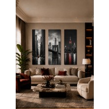 Zera Wall Mdf Tablo 3’lü Siyah Beyaz Şehir Manzarası ve Kırmızı Detaylı Set – Modern Salon ve Ofis Duvar