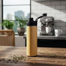 Bg Store 450 ml Bambu Kaplama Tabanlı Mat Siyah Çelik Termos - Sıcak ve Soğuk Tutucu Sızdırmaz Seyahat Bardağı (Mug)