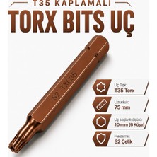 Rico T35 Torx 75 mm Mıknatıslı Uzun Bits Uç 10 mm Altıgen S2 Çelik Kaplama Matkap Tornavida Vidalama Ucu