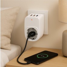 Mey İthalat Çok Fonksiyonlu Tekli Priz ve 3 USB Çıkışlı Hızlı Şarj Adaptörü - Akım Korumalı Tekli Priz Okul Ofis Kullanımı