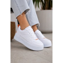Mevese Avela Kalın Taban Bağcıklı Günlük Kadın Sneaker Beyaz Turuncu Detaylı