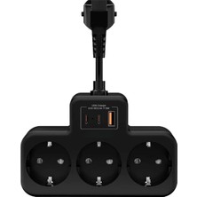 Mey İthalat Çoklu Kablolu Priz Çoğaltıcı Priz Dönüştürücü 1usb - 2type-C Girişli Yüksek Akım Korumalı Fiş Siyah