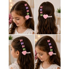 Bymiel Kız Çocuk Pastel Mini Mandal Toka ve Krem Kalp Figürlü Inci Detaylı Saç Tokası 5'li Set