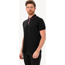Erkek Siyah Fermuarlı Polo Yaka Regular Fit Tshirt