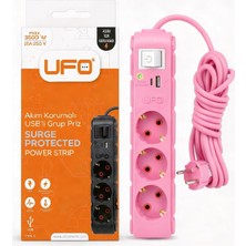 Mey İthalat Ufo Yeni 3lü Akım Korumalı Grup Priz 5 Metre Bakır Kablolu, 5V 2,4A USB ve Type-C ile Şarj, Anahtarlı Topraklı Priz, Sürekli Koruma, 16A 250V, Max 3500W Aşırı Yük Koruması, 5m. Pembe Renk