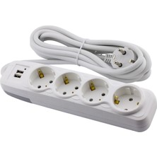 Mey İthalat BADEM10 2 Usb'li 4'lü Grup Priz 3 Metre Kablolu Fiş Priz Topraklı Çoklu Grup Priz Çoğaltıcı Dörtlü