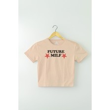 So Cool Bej Renk Crop Future Milf Yazı Baskılı Y2K Kadın Tişört Baby Tee