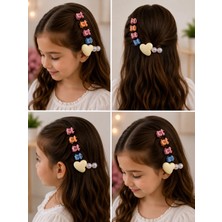 Bymiel Kız Çocuk Pastel Mini Mandal Toka ve Krem Kalp Figürlü Inci Detaylı Saç Tokası 5'li Set