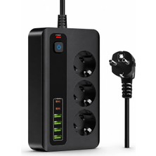 Mey İthalat Pro P10 3000W Akım Korumalı Priz - 3 Ac Çıkışlı, 4 USB ve 2 Type-C Girişli Çoklu Priz, Hızlı Şarj Destekli Grup Priz (Siyah)