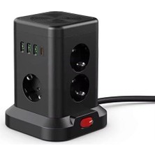 Mey İthalat Kule Tipi Çoklu Priz - 3 Usb-A + 1 Type-C Çıkışlı, Akım Korumalı, Tek Tuş Kontrollü Masaüstü Priz