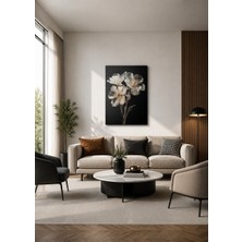 Zera Wall Mdf Tablo Siyah Zemin Üzerinde Beyaz Çiçek Tasarımı Modern Salon Duvar Dekorasyonu