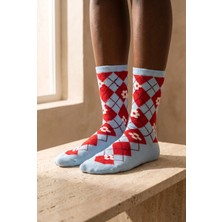 Bony Socks Kadın Çiçek Desenli Ekoseli Soket Çorap Mavi