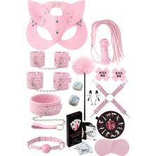 Mey İthalat Sınırsızmarket 15 Parça Pembe Fantezi Set, Kedi Maskesi, Kelepçe, Kamçı, Oyun Kartları, Tüy Tickler, Göz Bandı Dahil