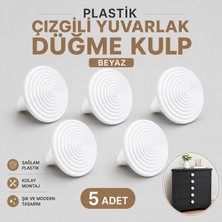 Badem10 Plastik Çizgili Yuvarlak Düğme Kulp 5 Adet Beyaz Renk Mobilya Çekmece Kapağı Kulpu Modern Tasarım