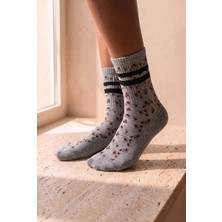 Bony Socks Kadın Çiçek Desenli Pamuklu Soket Çorap Gri