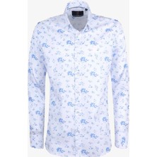 Ysf Erkek Mavi Slim Fit Beyaz Yaprak Desenli Uzun Kol Gömlek