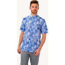 Erkek Mavi Kısa Kol Karışık Desenli Slim Fit Gömlek