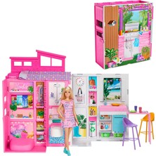 Mey İthalat Barbie Bebek ve Evi Oyun Seti; Mutfak, Banyo, Çatı Katı Yatak Odası ve Salon Dahil 4 Oyun Alanı Bulunan Yazlık Ev, 11 Dekorasyon Aksesuarı, HRJ77