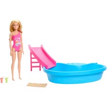 Mey İthalat Barbie Bebek ve Havuz Oyun Seti, Tropikal Pembe Sarışın Havuz, Kaydırak, Havlu ve Içecek Aksesuarları ile Tek Parça Mayo