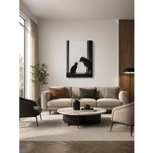 Zera Wall Mdf Tablo Tekli Pencerede Karşılaşan Kedi ve Köpek Siyah Beyaz Modern Salon Duvar Dekorasyonu