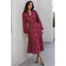 Madmext Bordo Uzun Kollu Düğmeli Desenli Elbise MG2431