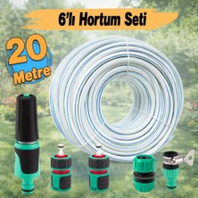 Badem10 Üç Katlı Kalın Sağlam Bahçe Hortumu 20 Metre Çeşme Su Sulama Hortum 6'lı Bağlantı Adaptör Seti