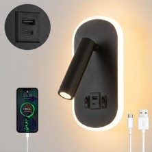 SeckinStore Dekoratif Yatak Başı Okuma Lambası 15 Watt Gün Işığı Çift Kademeli USB ve Type-C Giriş Siyah