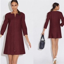 Nake Butik Fermuarlı Sıfır Yaka Düz Kesim Uzun Kollu Dokulu Mini Elbise