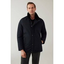 Erkek Lacivert Regular Fit Yakası Kürklü Kaban