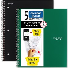 Mey İthalat Five Star Spiral Defterler + Çalışma Uygulaması, 2'li Paket, 5 Konu, Kolej Çizgili Kağıt, 200 Yaprak, Mürekkep Kanaması ile Savaşır, Suya Dayanıklı Kapak, Siyah, Yeşil (820190)
