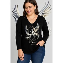 Curvy Trend Leylekler Baskılı V Yaka Uzun Kol Geniş Etekli Bluz