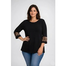 Curvy Trend Büyük Beden Biye ve Bilek Leopar Detaylı Truvakar Kol Bluz Siyah