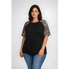 Curvy Trend Büyük Beden Leopar Reglan Kısa Kol Bluz Siyah
