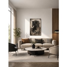 Zera Wall Mdf Tablo Siyah At Portresi, Gri ve Altın Detaylı Soyut Modern Salon ve Ofis Duvar Dekorasyonu