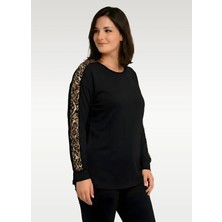 Curvy Trend Büyük Beden Kolüstü Leopar Şerit Uzun Kol Bluz Siyah