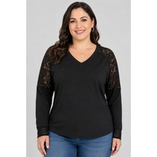 Curvy Trend Büyük Beden Reglan Kol ve Kol Ucu Dantelli Viskon Bluz Siyah