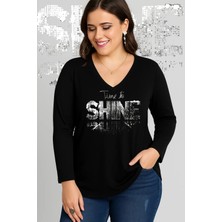 Curvy Trend Büyük Beden Shine Baskılı V Yaka Uzun Kol Geniş Etekli Bluz Siyah