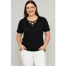 Curvy Trend Büyük Beden V Yaka Çapraz Bantlı Kısa Kol Bluz