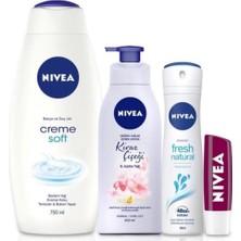 Mey İthalat Nıvea Banyo Seti,cream Soft Duş Jeli 750 Ml,fresh Natural Kadın Deodorant 150 Ml,vücut Losyonu 400 Ml,böğürtlen Dudak Bakım Kremi ve Banyo Terliği Hediye!