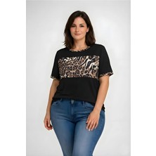 Curvy Trend Büyük Beden Göğüs ve Biye Leopar Desenli Kısa Kol Bluz Siyah