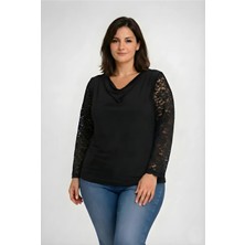 Curvy Trend Büyük Beden Degaje Yaka Uzun Dantel Kol Bluz Siyah