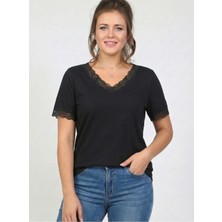 Curvy Trend Büyük Beden Yaka ve Kol Ucu Dantel Kısa Kol Viskon Bluz