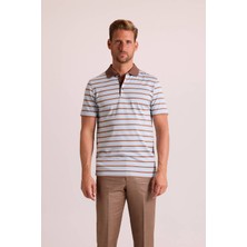 Ysf Erkek Kahverengi Lacivert Polo Yaka Çizgili T-Shirt