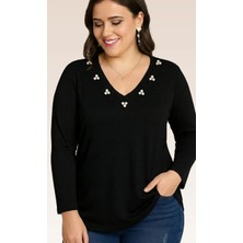 Curvy Trend Büyük Beden Yaka Çevresi 3'lü Inci Işlemeli V Yaka Uzun Kol Geniş Etekli Bluz Siyah