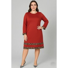 Curvy Trend Büyük Beden Kol Ucu ve Eteği Leopar Garnili Uzun Kol Viskon Elbise