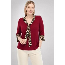 Curvy Trend Büyük Beden Leopar Desenli Kravat ve Volan Truvakar Kol Yan Yırtmaçlı Bluz