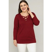 Curvy Trend Büyük Beden V Yaka Çapraz Bantlı Uzun Kol Viskon Bluz